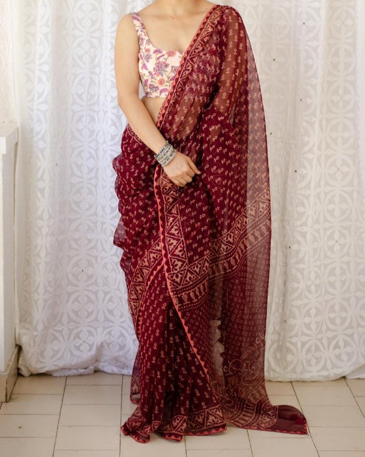 BUY MAROON COLOR PRINTED KOTA DORIA SAREE