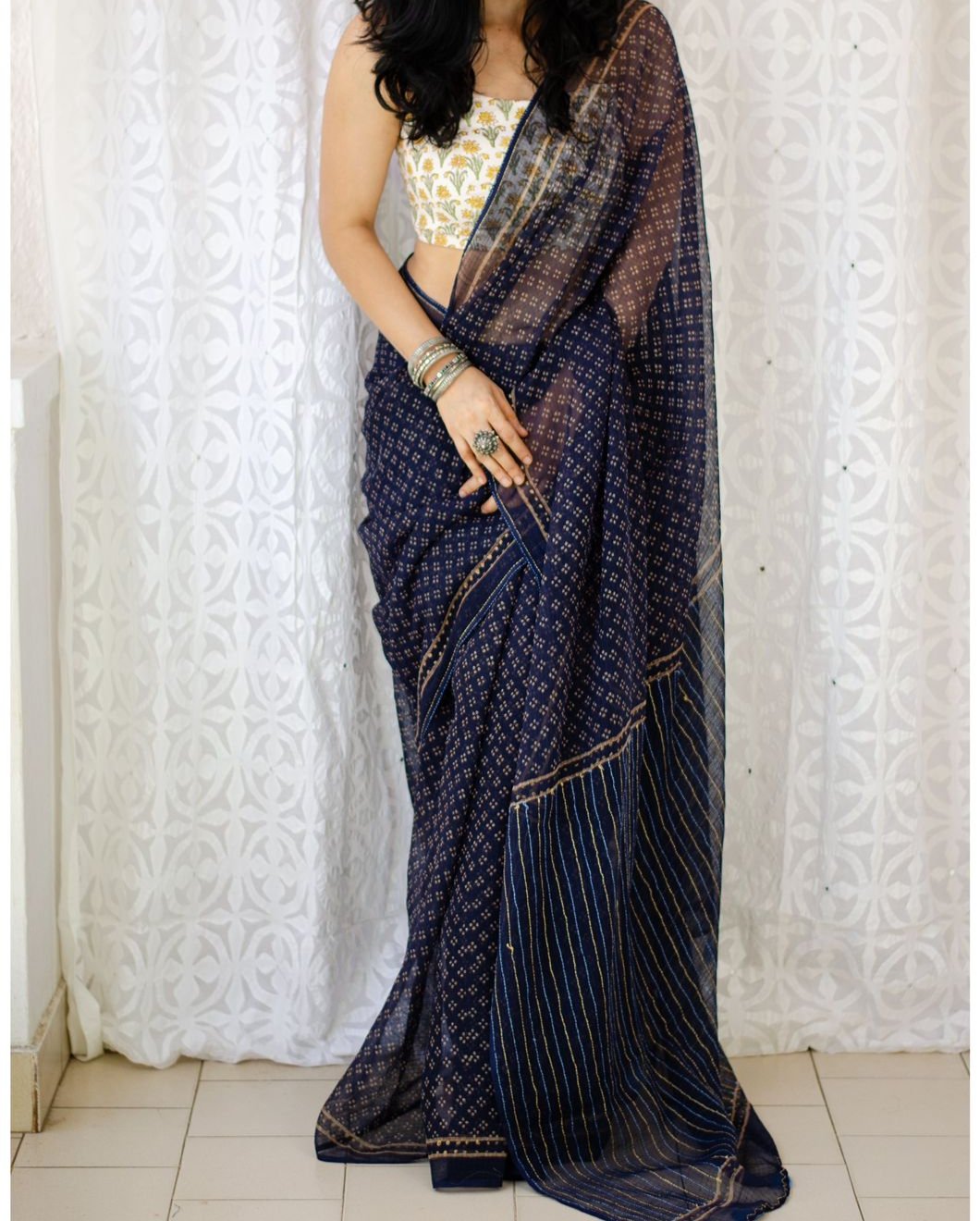 SWEET NAVY BLUE COLOR PRINTED KOTA DORIA SAREE