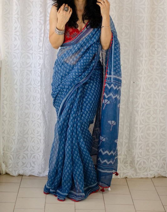 ROYAL BLUE COLOR PRINTED KOTA DORIA SAREE