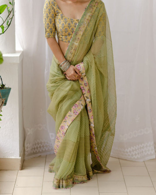 OLIVE GREEN COLOR AJRAK PRINTED KOTA DORIA SAREE