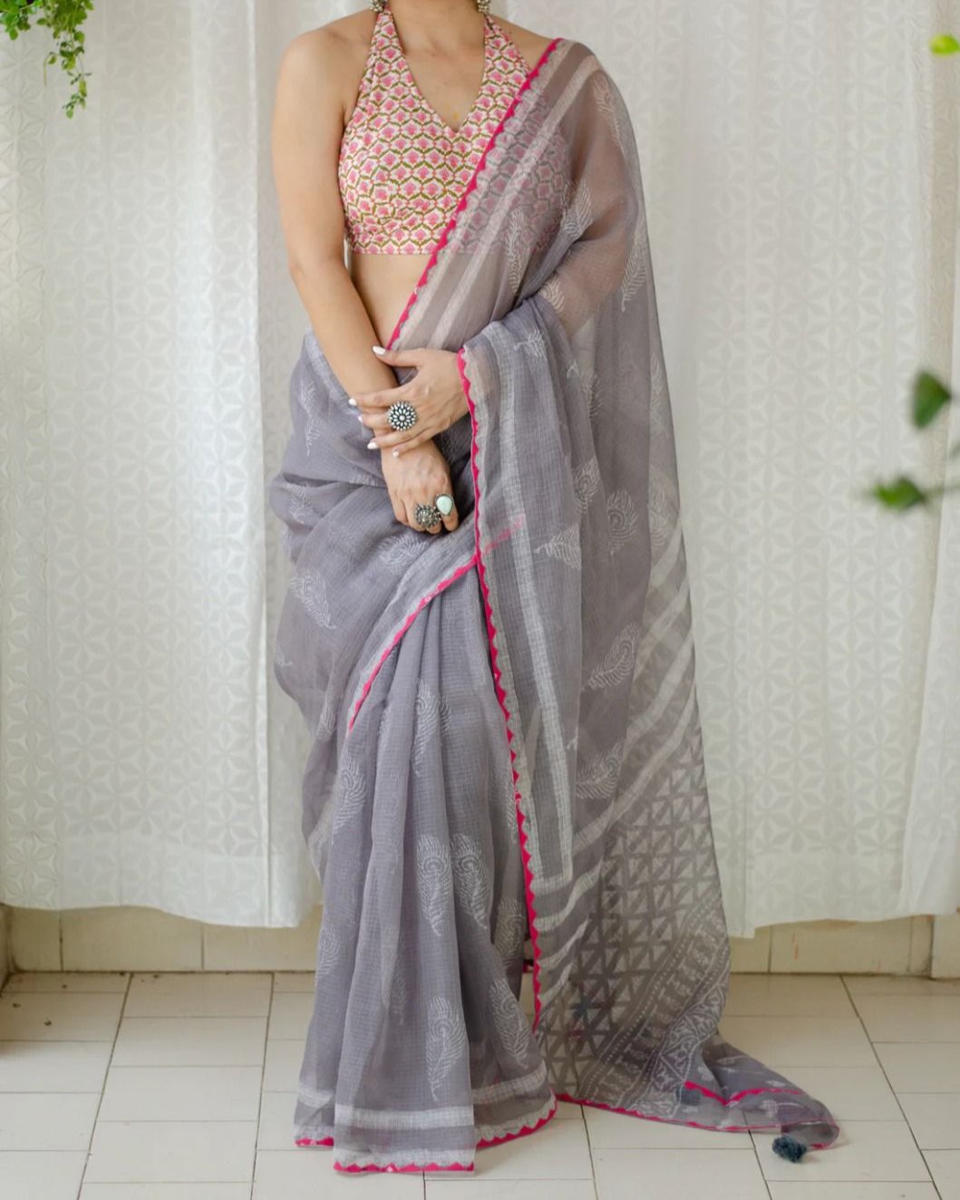 GREY COLOR PRINTED KOTA DORIA SAREE