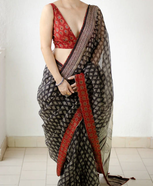 DESIGNER BLACK PRINTED KOTA DORIA SAREE