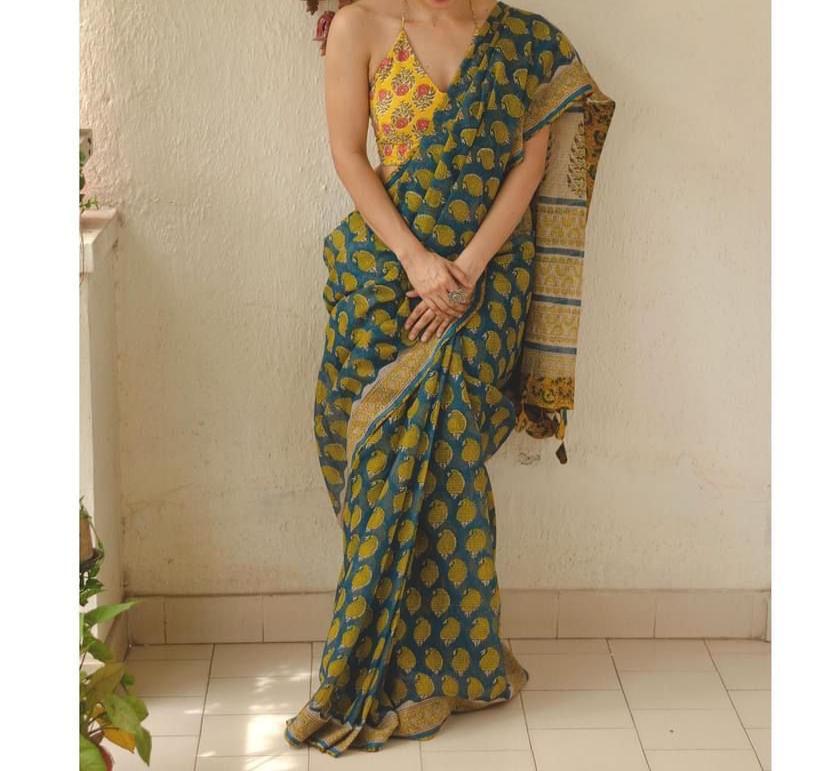 FOREST GREEN PRINTED KOTA DORIA SAREE