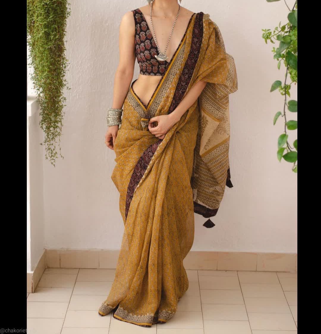 MUSTURD YELLOW PRINTED KOTA DORIA SAREE