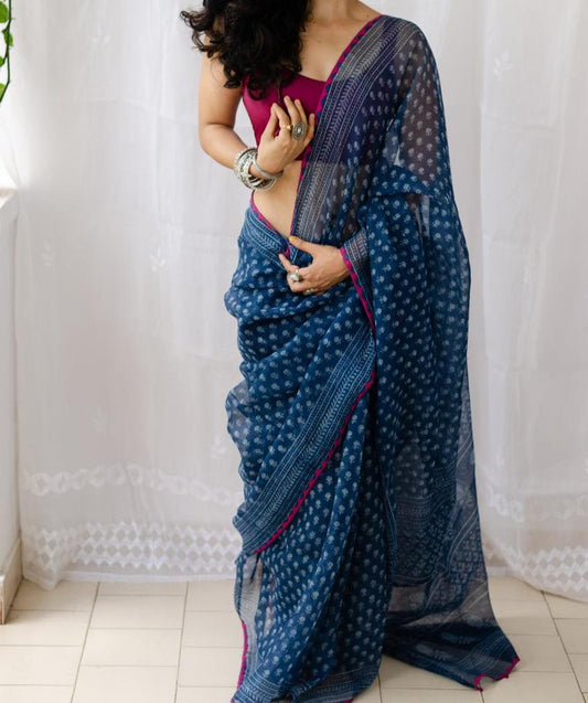 BLUE PRINTED KOTA DORIA SAREE