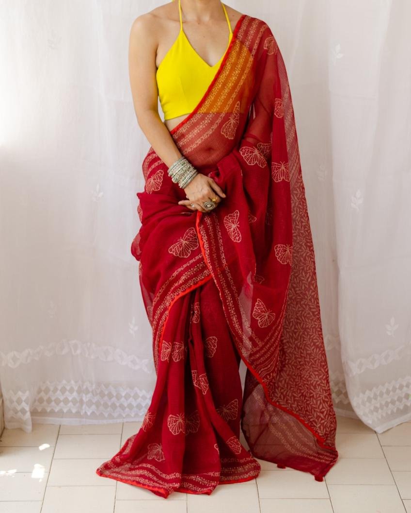 CHILI RED PRINTED KOTA DORIA SAREE