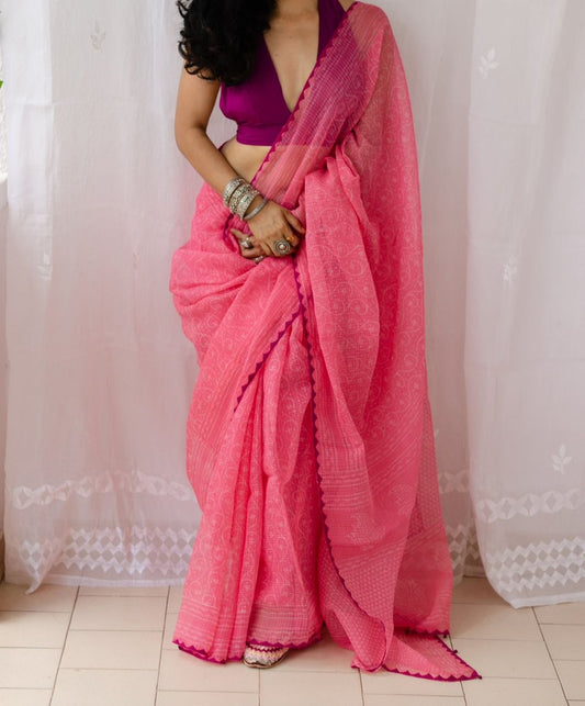 PINK PRINTED KOTA DORIA SAREE