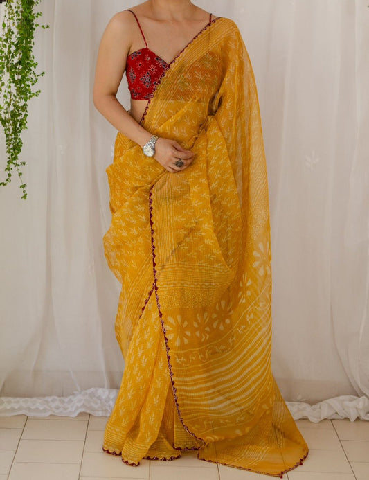 LEMON YELLOW PRINTED KOTA DORIA SAREE