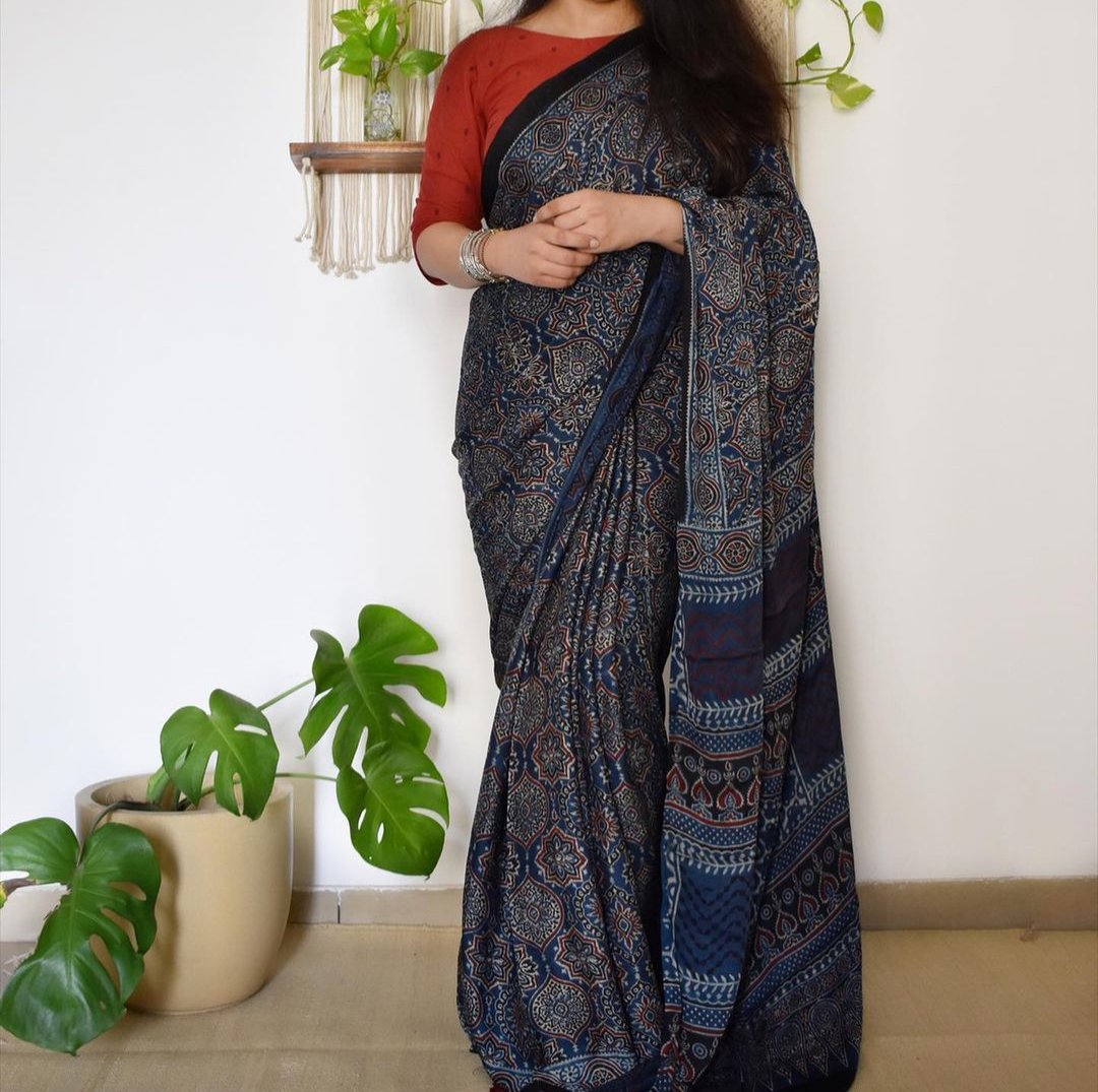 EXCLISIVE NAVY BLUE COLOR AJRAK PRINTED CHANDERI COTTON SAREE