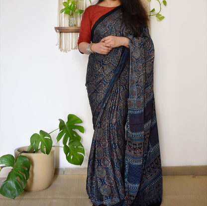 EXCLISIVE NAVY BLUE COLOR AJRAK PRINTED CHANDERI COTTON SAREE