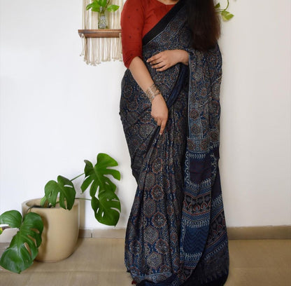 EXCLISIVE NAVY BLUE COLOR AJRAK PRINTED CHANDERI COTTON SAREE