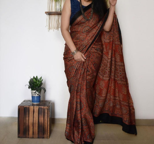 EXCLISIVE MAROON COLOR AJRAK PRINTED CHANDERI COTTON SAREE