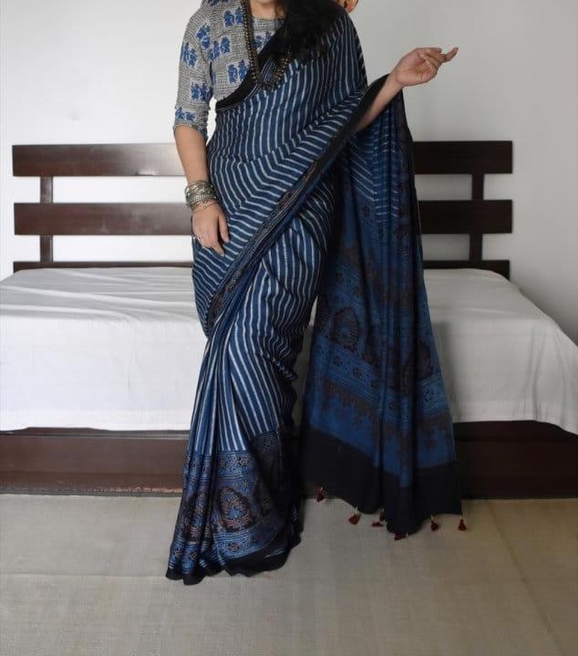 EXQUISITE NEVY BLUE COLOR AJRAK PRINTED MUSLIN COTTON SAREE