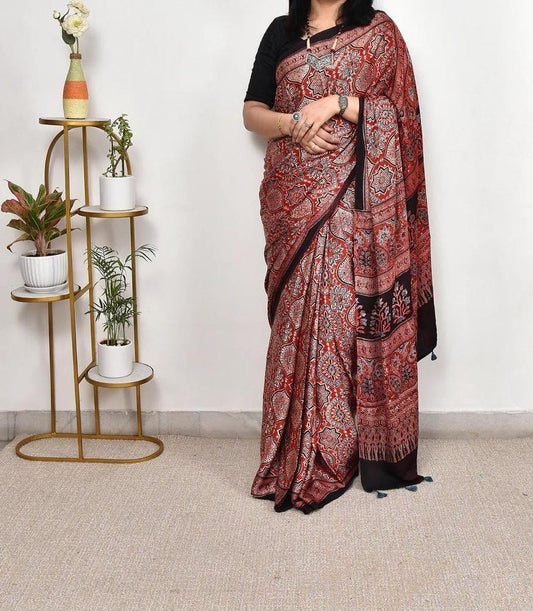 DHARVI RED COLOR AJRAK PRINTED MUSLIN COTTON SAREE