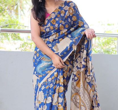 KALAMKARI BLUE PRINTED LINEN SAREE