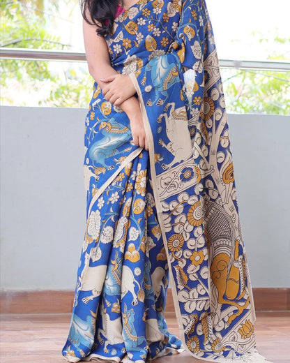 KALAMKARI BLUE PRINTED LINEN SAREE