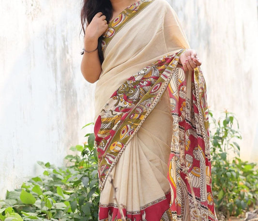 KALAMKARI OFF WHITE PRINTED LINEN SAREE