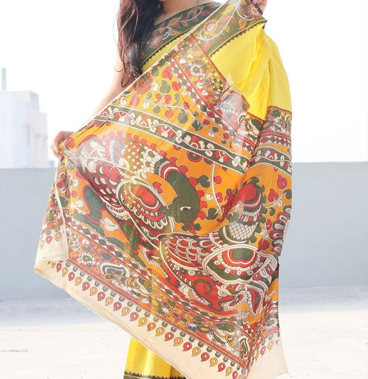 KALAMKARI YELLOW PRINTED LINEN SAREE