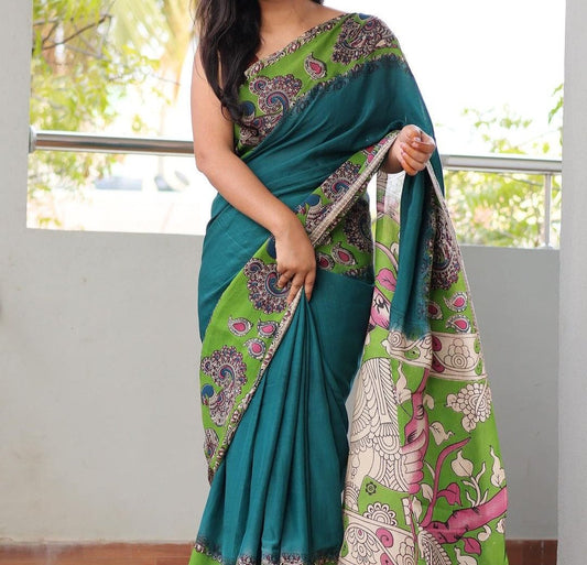 KALAMKARI TEAL COLOR PRINTED LINEN SAREE