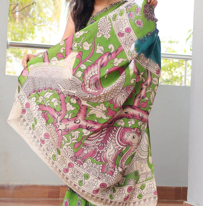 KALAMKARI TEAL COLOR PRINTED LINEN SAREE