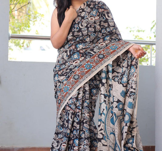 KALAMKARI BLACK COLOR PRINTED LINEN SAREE