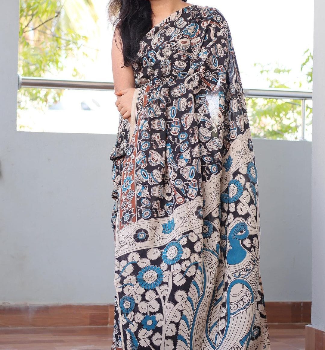 KALAMKARI BLACK COLOR PRINTED LINEN SAREE