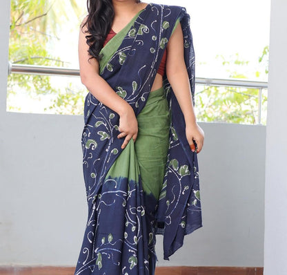 KALAMKARI GREEN AND NAVY BLUE COLOR PRINTED LINEN SAREE