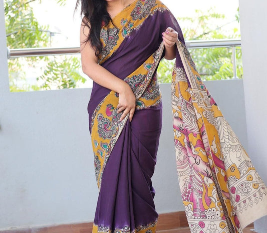 KALAMKARI PURPLE COLOR PRINTED LINEN SAREE