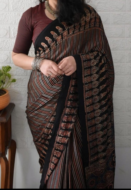 CLASSIC BLACK AJRAK PRINTED MUSLIN COTTON SAREE