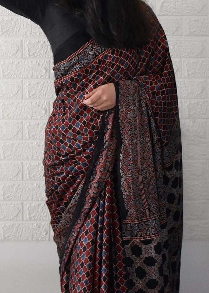 RED AND BLACK AJRAK PRINTED MUSLIN COTTON SAREE