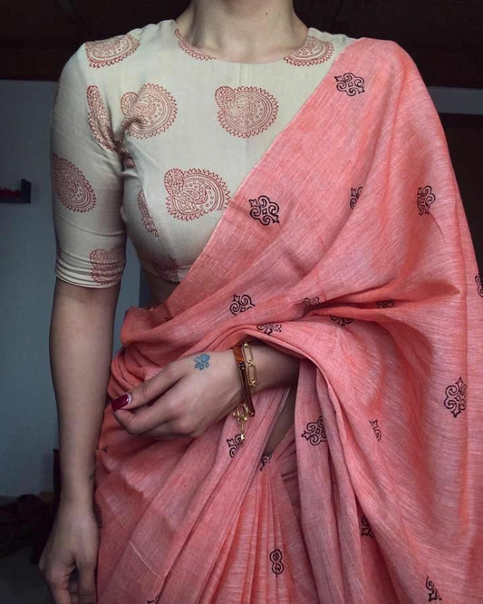 BEAUTIFUL PEACH DIGITAL PRINTED CHANDERI COTTON SAREE