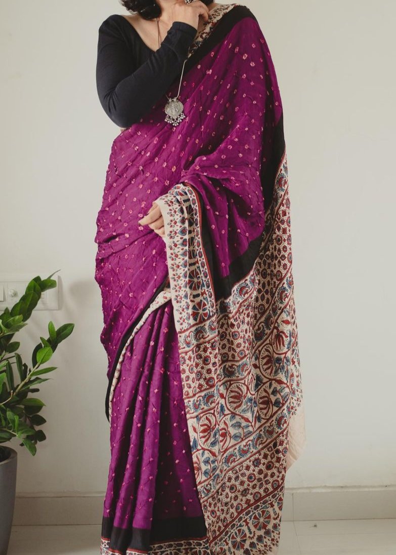 STYLE MAGENTA AJRAK PRINTED MUSLIN COTTON SAREE