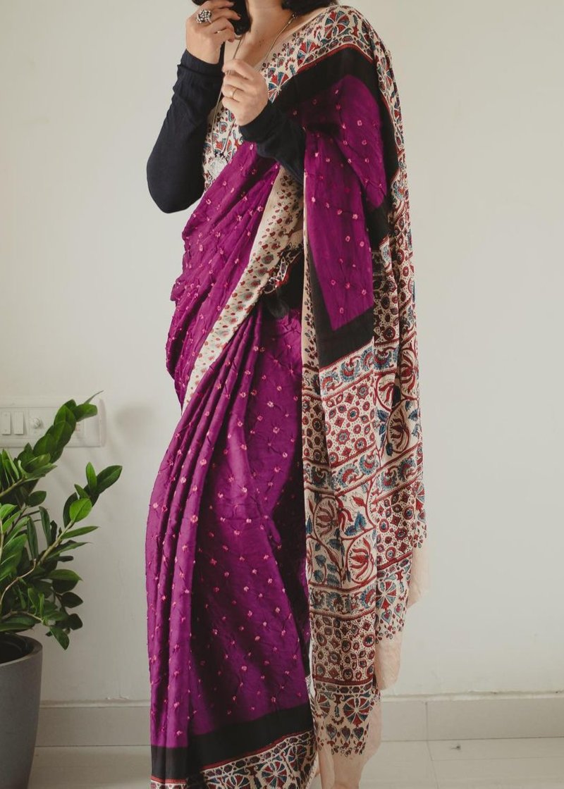 STYLE MAGENTA AJRAK PRINTED MUSLIN COTTON SAREE