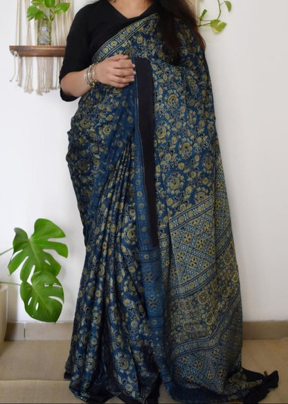 BEAUTIFUL SPENISH BLUE AJRAKH DIGITAL PRINT SAREE