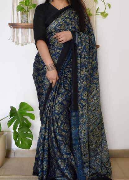 BEAUTIFUL SPENISH BLUE AJRAKH DIGITAL PRINT SAREE