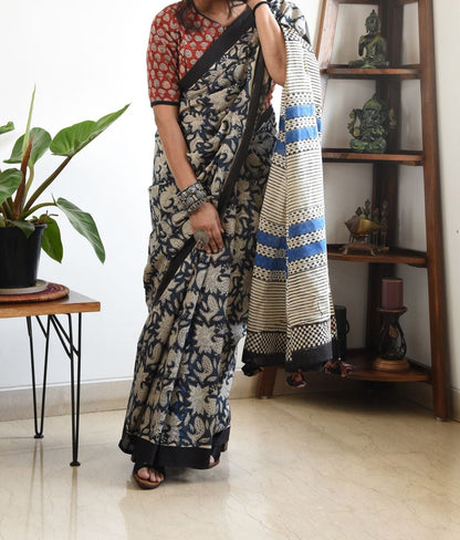 EXCLUSIVE NAVY BLUE PRINTED LINEN SAREE