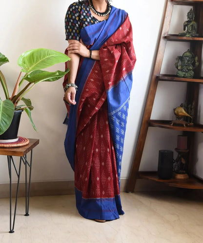 EXCLUSIVE RED AND BLUE PRINTED LINEN SAREE