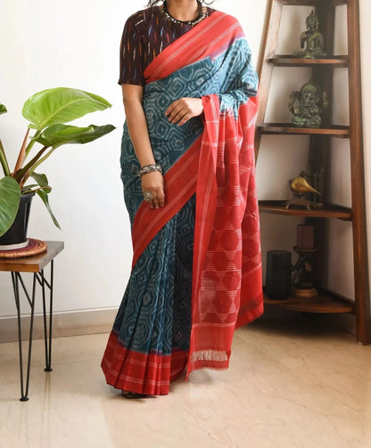 EXCLUSIVE RED AND GREEN PRINTED LINEN SAREE