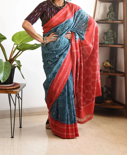 EXCLUSIVE RED AND GREEN PRINTED LINEN SAREE