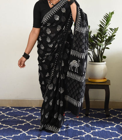 EXCLUSIVE BLACK PRINTED LINEN SAREE