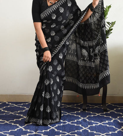 EXCLUSIVE BLACK PRINTED LINEN SAREE