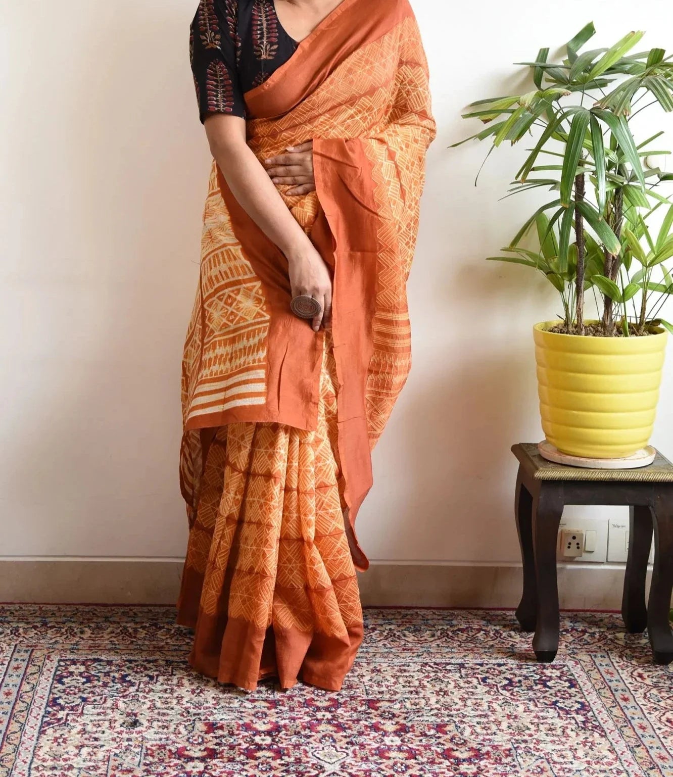 EXCLUSIVE ORANGE PRINTED LINEN SAREE