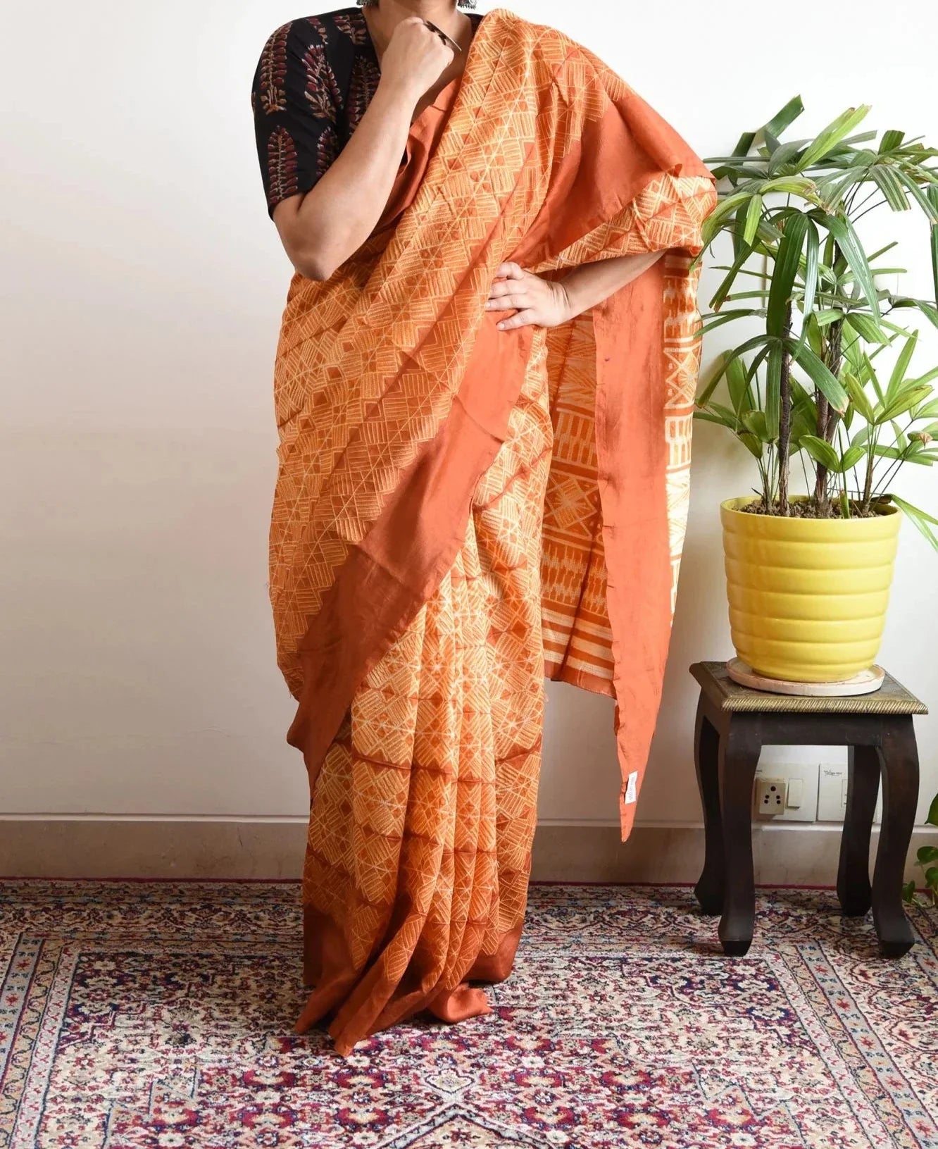 EXCLUSIVE ORANGE PRINTED LINEN SAREE